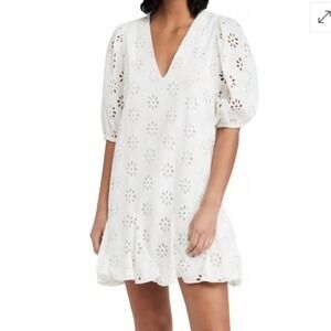 Rhode White‎ Eyelet Cotton Mini Dress V Neck Puff Sleeve Summer Sz Lg MSRP $465